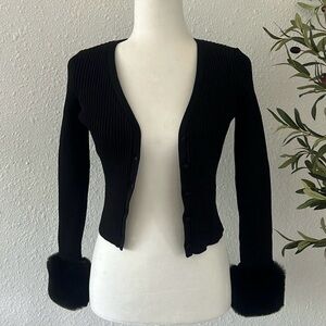 Zara Black Ribbed Cardigan with Faux Fur Cuffs
